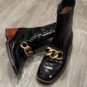 Steve Madden Black Patent Ankle Boots with Gold Chain